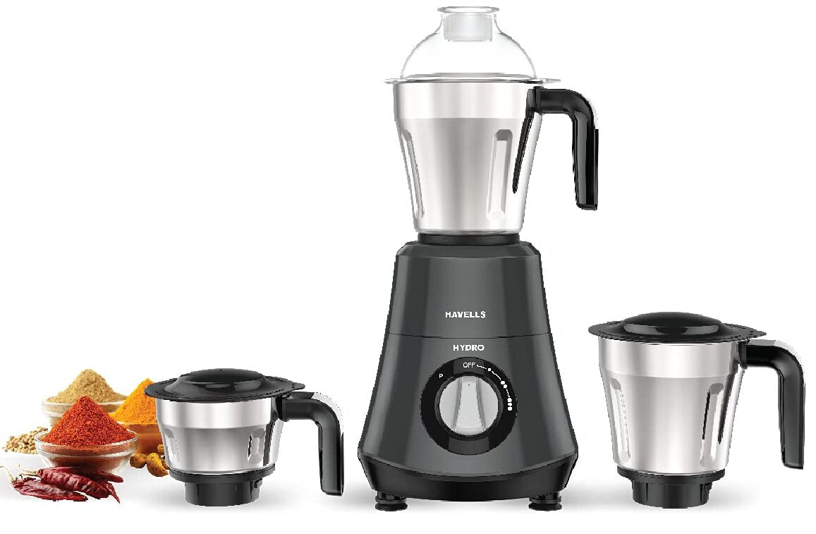 Havells Hydro 750 Watts Mixer Grinder With 3 Wider Mouth Stainless Steel Jar, Hands Free Operation