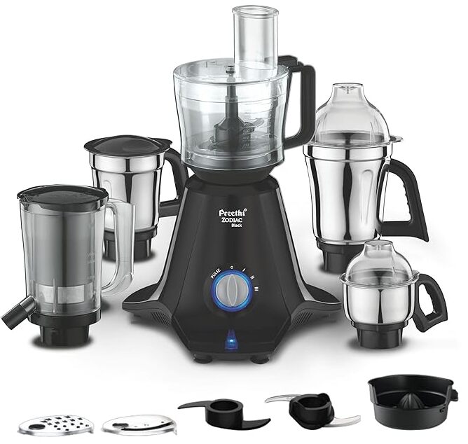 Preethi Zodiac Black 750 Watts Mixer Grinder, 5 Jars (1 Food Processor Jar, 3 Stainless Steel Jars, Juicer Jar, Citrus), Atta Kneading, Powerful Grinding, 2 Year Warranty, Lifelong Free Service, Black