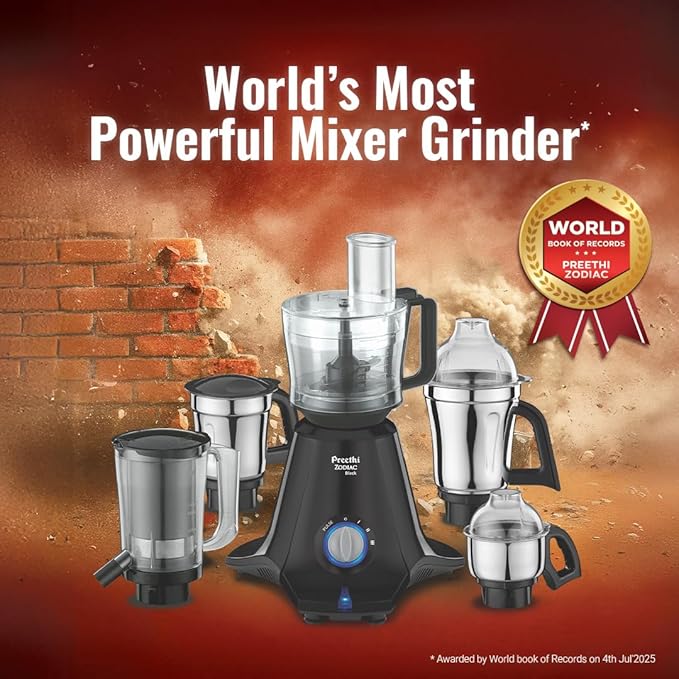 Preethi Zodiac Black 750 Watts Mixer Grinder, 5 Jars (1 Food Processor Jar, 3 Stainless Steel Jars, Juicer Jar, Citrus), Atta Kneading, Powerful Grinding, 2 Year Warranty, Lifelong Free Service, Black