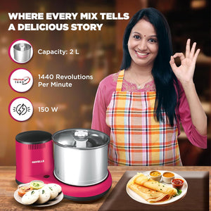 Havells Alai 2 L Table-Top Wet Grinder | Food Grade Stainless Steel Drum | 2N Grinding Stones | Coconut Scrapper| 150 Watts Motor| ABS Shock Proof Body| 2 Year Manufacturer Warranty (Pink)