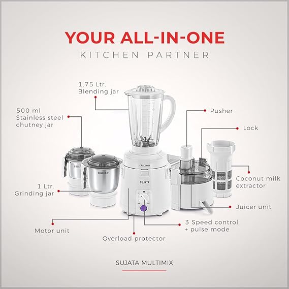 Sujata Multimix Juicer Mixer Grinder|900 Watts Double Ball Bearing Motor|22000 RPM|Non-Stop 90 Mins Running|3 Jars including 1750ml Blender with Coconut Milk Extractor,1000ml, 500ml Jar| (White)