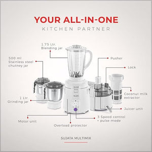Sujata Multimix Juicer Mixer Grinder|900 Watts Double Ball Bearing Motor|22000 RPM|Non-Stop 90 Mins Running|3 Jars including 1750ml Blender with Coconut Milk Extractor,1000ml, 500ml Jar| (White)
