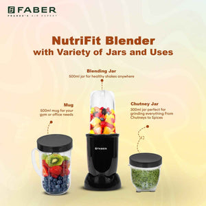 Faber Sportz Blender FSB 3-in-1 Nutrifit Nero|Mixer Grinder Blender|100% Copper Motor|Detachable SS Blade|3 PC Jar 500ML+300ML+500ML Mug|Wet, Dry Grinding|2 Year Warranty by Faber