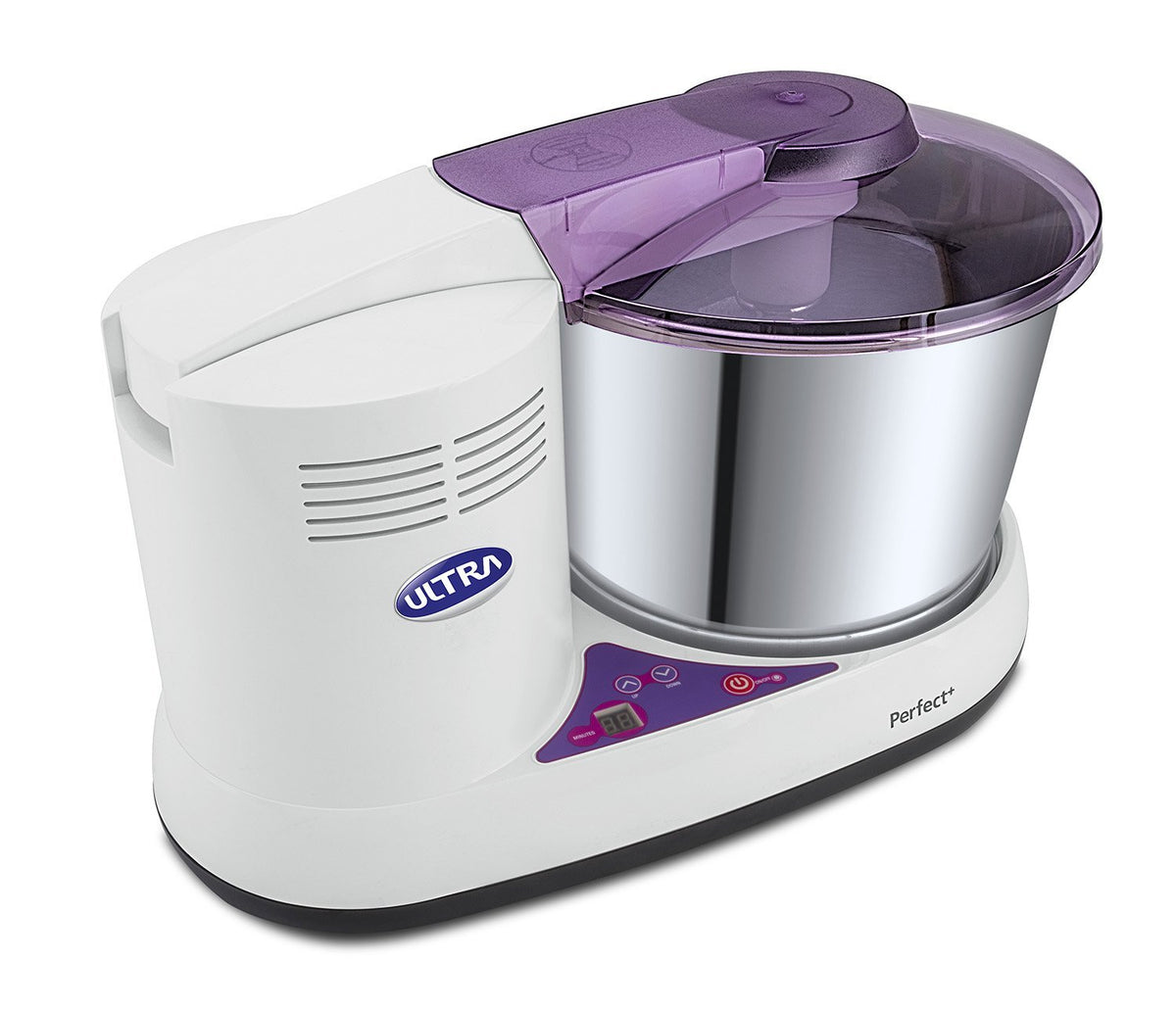 Ultra Perfect+ 2 Litre Table Top Wet Grinder - White | Digital Timer - Fast Grinding Conical Stones, 150W Motor & 10 Years Warranty | AISI 304 Food-Grade SS Multi Utility Dish Type Drum, CE Certified