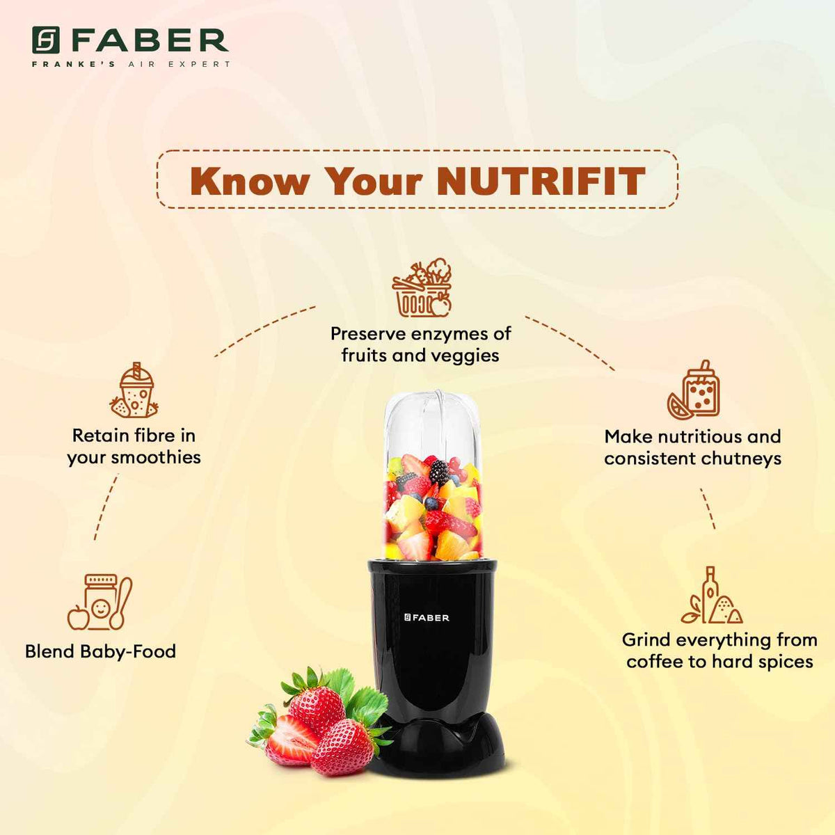 Faber Sportz Blender FSB 3-in-1 Nutrifit Nero|Mixer Grinder Blender|100% Copper Motor|Detachable SS Blade|3 PC Jar 500ML+300ML+500ML Mug|Wet, Dry Grinding|2 Year Warranty by Faber