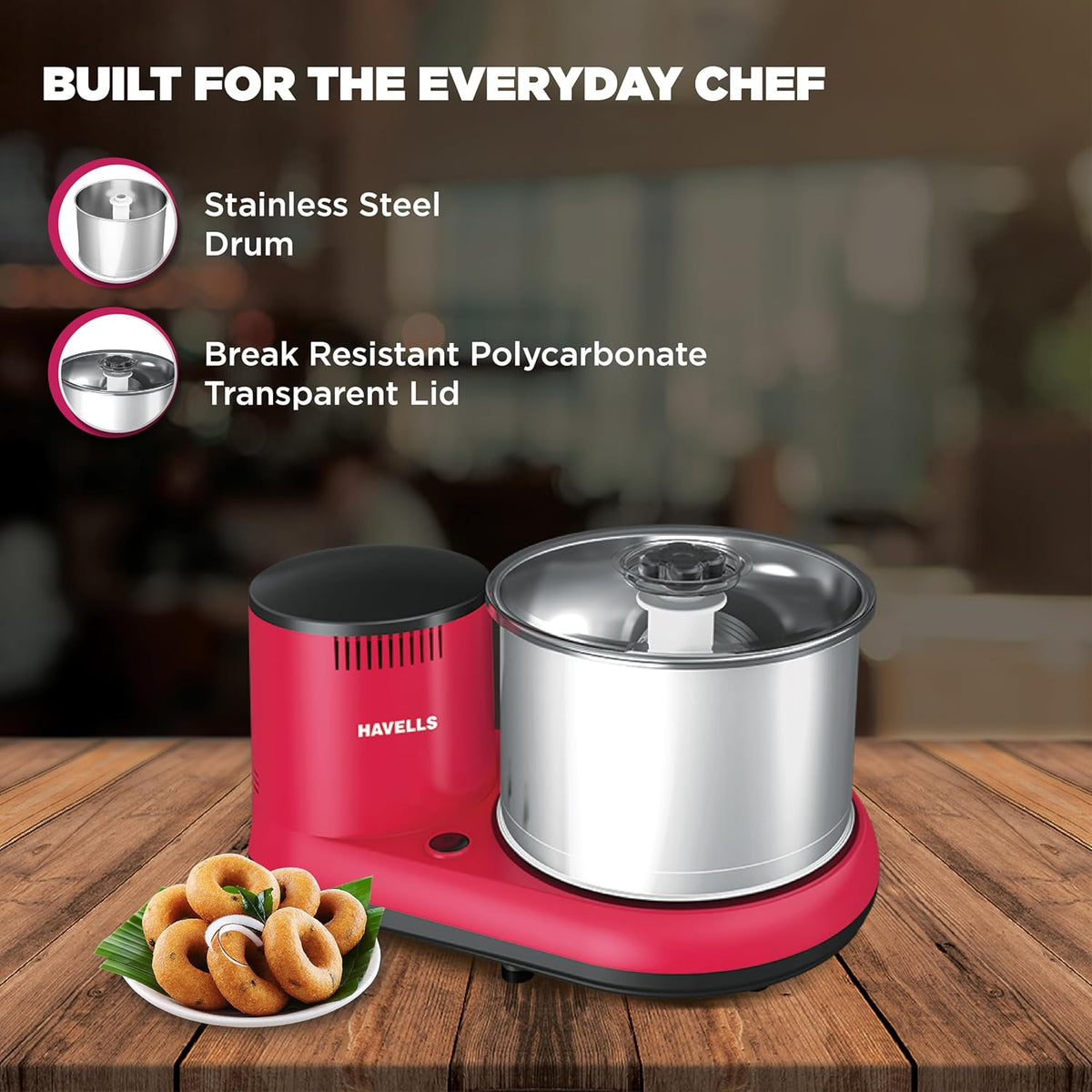 Havells Alai 2 L Table-Top Wet Grinder | Food Grade Stainless Steel Drum | 2N Grinding Stones | Coconut Scrapper| 150 Watts Motor| ABS Shock Proof Body| 2 Year Manufacturer Warranty (Pink)
