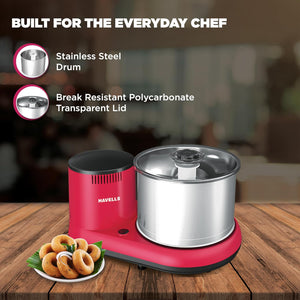 Havells Alai 2 L Table-Top Wet Grinder | Food Grade Stainless Steel Drum | 2N Grinding Stones | Coconut Scrapper| 150 Watts Motor| ABS Shock Proof Body| 2 Year Manufacturer Warranty (Pink)