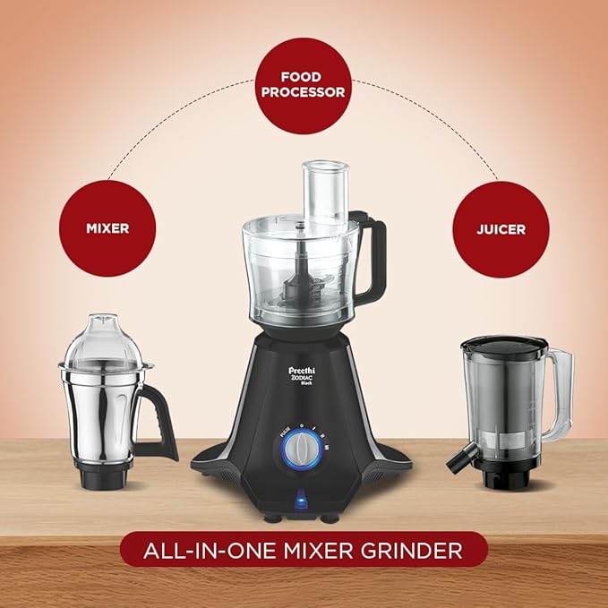 Preethi Zodiac Black 750 Watts Mixer Grinder, 5 Jars (1 Food Processor Jar, 3 Stainless Steel Jars, Juicer Jar, Citrus), Atta Kneading, Powerful Grinding, 2 Year Warranty, Lifelong Free Service, Black