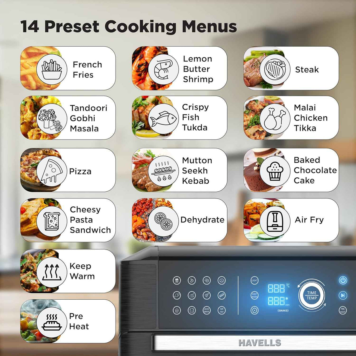 Havells Avanza Multi Function Air Fryer Oven 15L|1700W|Digital Touch Control|14 Pre-Sets|Aerocrisp Technology|Includes Skewer Set,Rotisserie Fork,Mesh,Baking Tray|2Yr Door Step Warranty by Havells