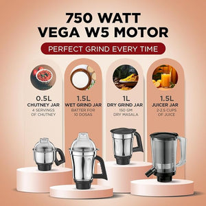 Preethi Zodiac Black 750 Watts Mixer Grinder, 5 Jars (1 Food Processor Jar, 3 Stainless Steel Jars, Juicer Jar, Citrus), Atta Kneading, Powerful Grinding, 2 Year Warranty, Lifelong Free Service, Black