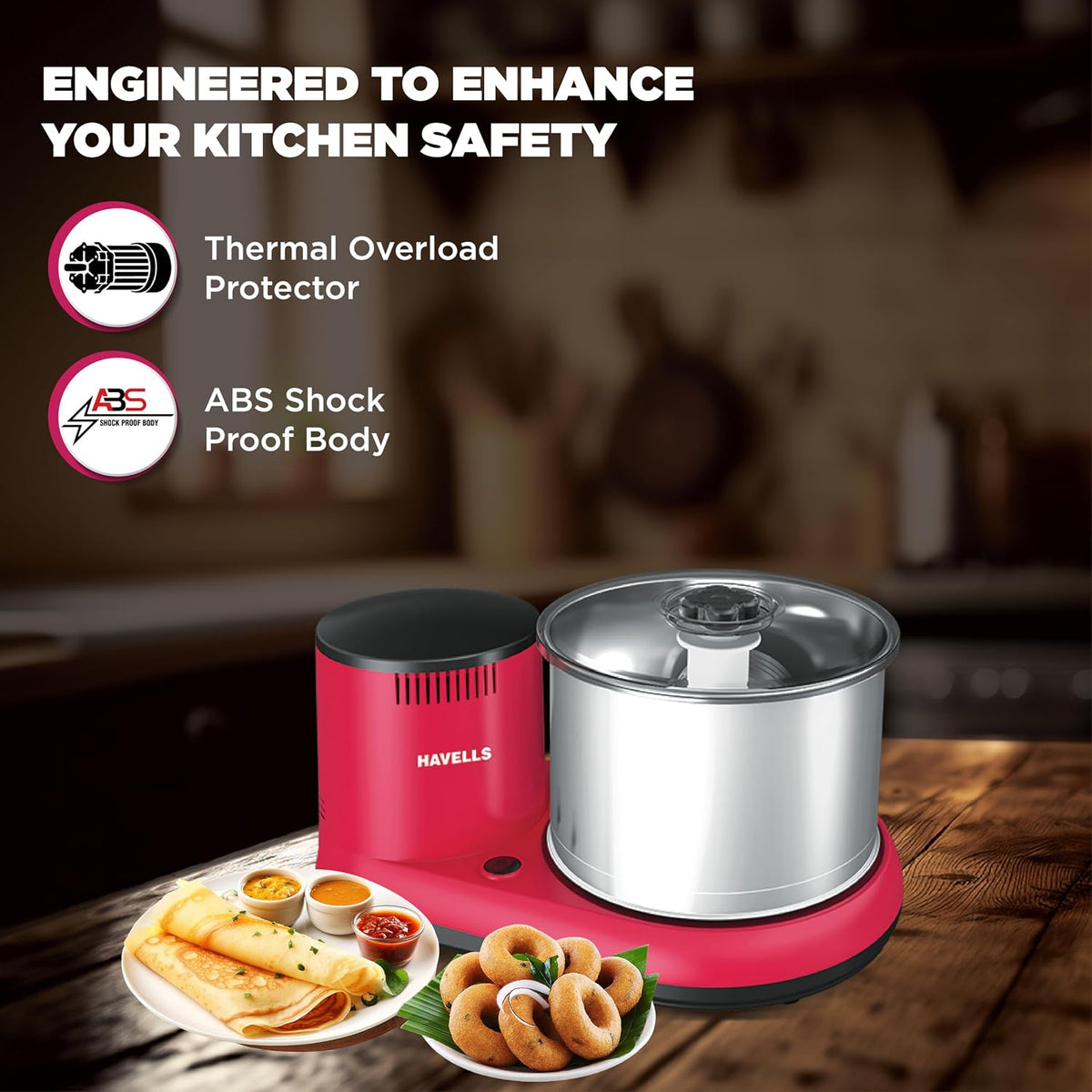 Havells Alai 2 L Table-Top Wet Grinder | Food Grade Stainless Steel Drum | 2N Grinding Stones | Coconut Scrapper| 150 Watts Motor| ABS Shock Proof Body| 2 Year Manufacturer Warranty (Pink)