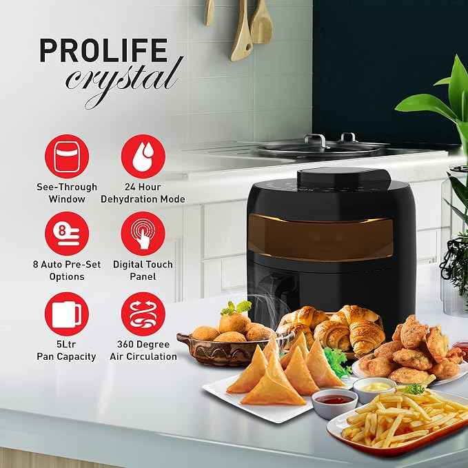 Havells Prolife Crystal Digital Air Fryer 5.5L, 1500W|D 8 Pre-sets| Aerocrisp Technology with 85% Less Oil Cooking| Dehydrator Mode| Auto-Shutoff|See-Through Window| 2Yr Door Step Warranty by Havells