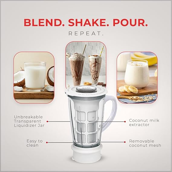 Sujata Multimix Juicer Mixer Grinder|900 Watts Double Ball Bearing Motor|22000 RPM|Non-Stop 90 Mins Running|3 Jars including 1750ml Blender with Coconut Milk Extractor,1000ml, 500ml Jar| (White)