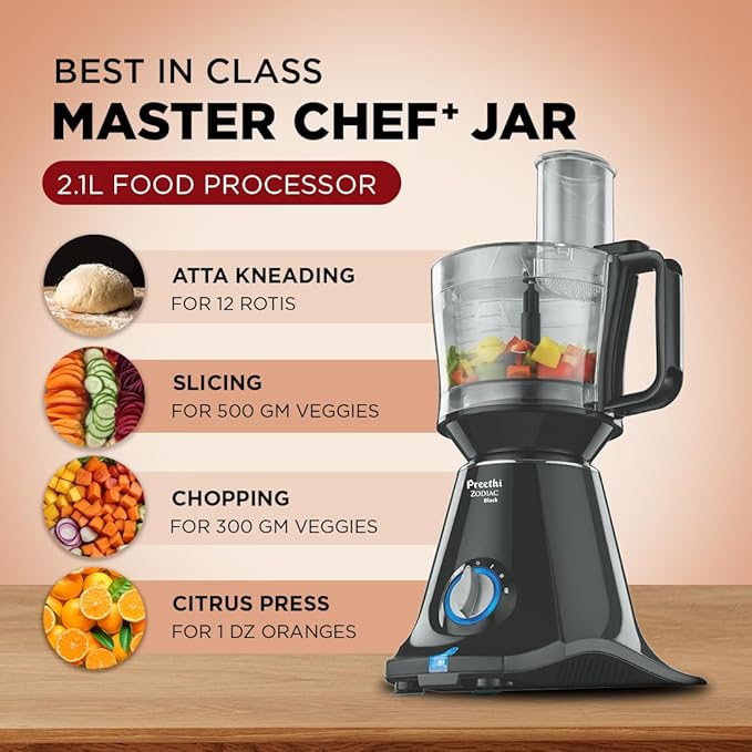 Preethi Zodiac Black 750 Watts Mixer Grinder, 5 Jars (1 Food Processor Jar, 3 Stainless Steel Jars, Juicer Jar, Citrus), Atta Kneading, Powerful Grinding, 2 Year Warranty, Lifelong Free Service, Black