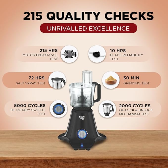 Preethi Zodiac Black 750 Watts Mixer Grinder, 5 Jars (1 Food Processor Jar, 3 Stainless Steel Jars, Juicer Jar, Citrus), Atta Kneading, Powerful Grinding, 2 Year Warranty, Lifelong Free Service, Black