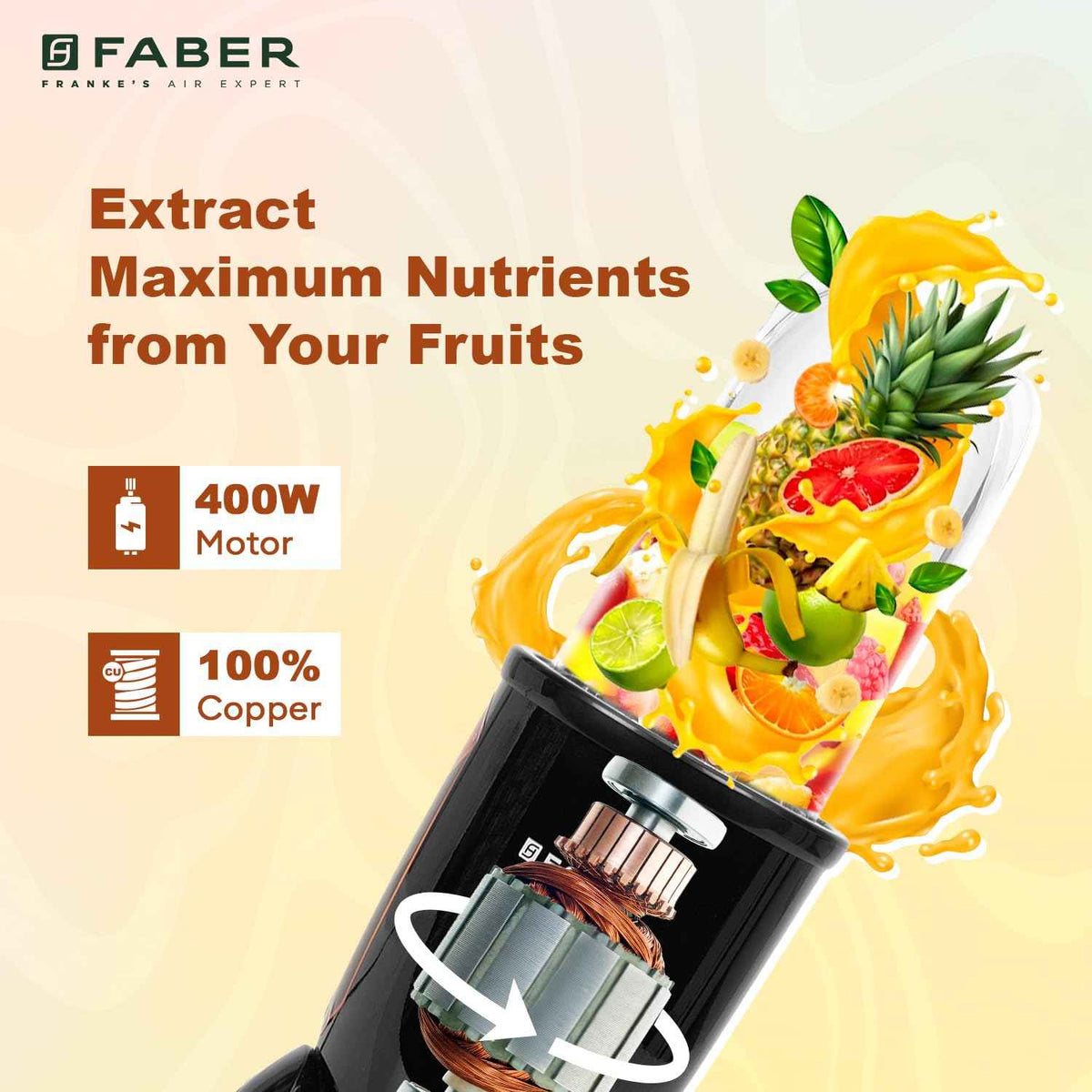 Faber Sportz Blender FSB 3-in-1 Nutrifit Nero|Mixer Grinder Blender|100% Copper Motor|Detachable SS Blade|3 PC Jar 500ML+300ML+500ML Mug|Wet, Dry Grinding|2 Year Warranty by Faber