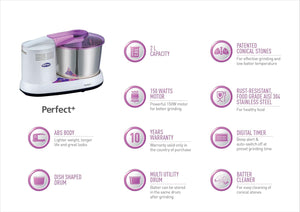 Ultra Perfect+ 2 Litre Table Top Wet Grinder - White | Digital Timer - Fast Grinding Conical Stones, 150W Motor & 10 Years Warranty | AISI 304 Food-Grade SS Multi Utility Dish Type Drum, CE Certified