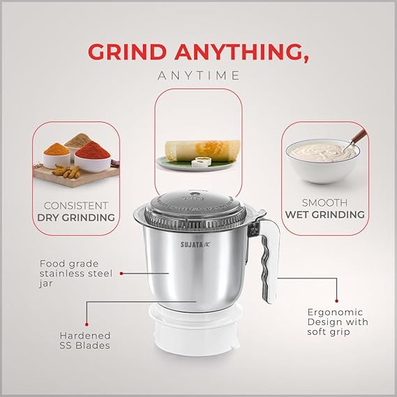 Sujata Multimix Juicer Mixer Grinder|900 Watts Double Ball Bearing Motor|22000 RPM|Non-Stop 90 Mins Running|3 Jars including 1750ml Blender with Coconut Milk Extractor,1000ml, 500ml Jar| (White)