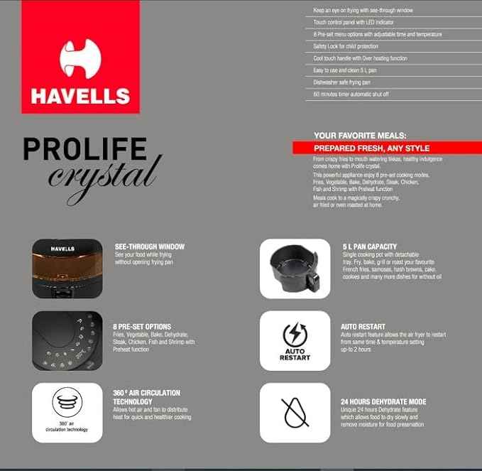 Havells Prolife Crystal Digital Air Fryer 5.5L, 1500W|D 8 Pre-sets| Aerocrisp Technology with 85% Less Oil Cooking| Dehydrator Mode| Auto-Shutoff|See-Through Window| 2Yr Door Step Warranty by Havells