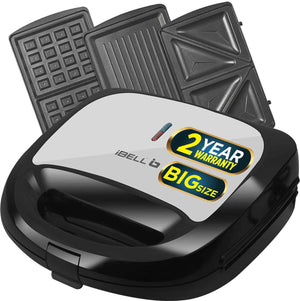 iBELL SM1301 Sandwich Maker 3 in 1, Detachable Plates for Toast, Waffle, Grill, 750W Toast, Grill, Waffle (Black)