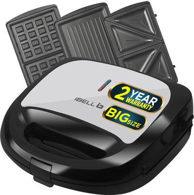 iBELL SM1301 Sandwich Maker 3 in 1, Detachable Plates for Toast, Waffle, Grill, 750W Toast, Grill, Waffle (Black)
