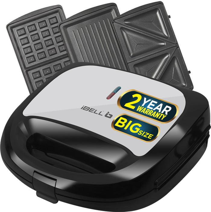 iBELL SM1301 Sandwich Maker 3 in 1, Detachable Plates for Toast, Waffle, Grill, 750W Toast, Grill, Waffle (Black)