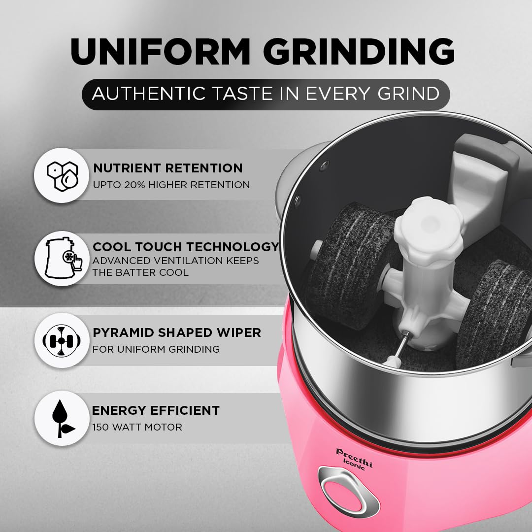 Preethi Iconic Table Top Wet Grinder, 2 L (Pink) with Bi-Directional Grinding Technology