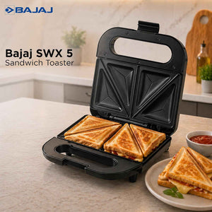 Bajaj SWX 5 800-Watt 2-Slice Sandwich Toaster | Non-Stick Coated Plates for Easy-to-Clean | Upright Compact Storage | Buckle Clips Lock | 2 Years Warranty | Black