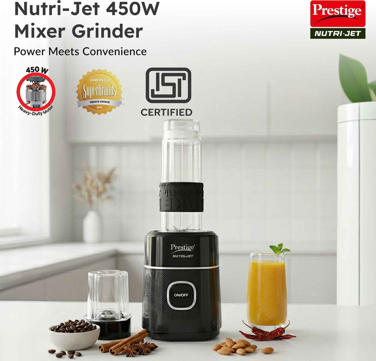 Prestige Nutri-Jet 450 W Juicer Mixer Grinder (450W Motor | 2 Jars | Black)