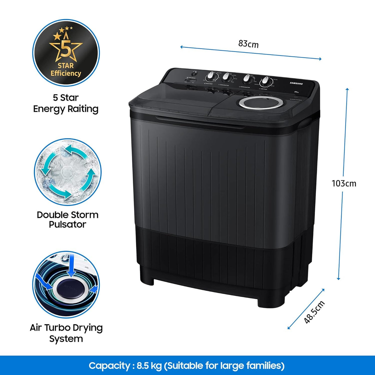 Samsung WT85B4200GD/TL 8.5KG Top Load Washing Machine Dark Grey - Oxygen The Digital Expert