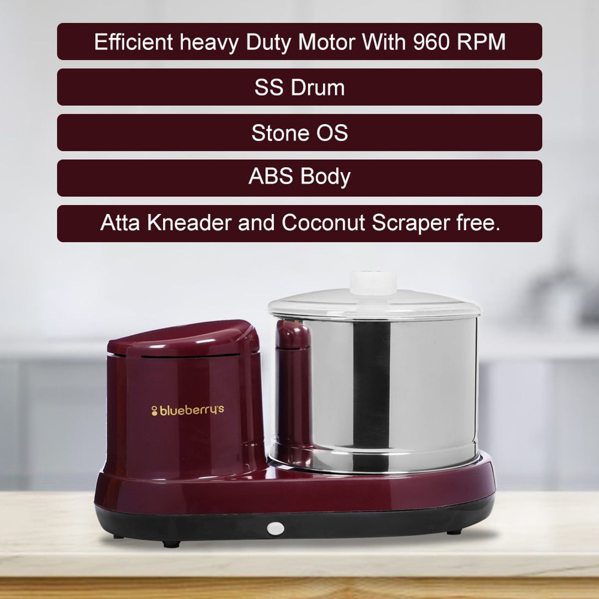 Blueberry's Ultra Premium 2 Liter Table Top Wet Grinder 150 Watts Heavy Duty motor with Coconut Scraper & Atta Kneader, Cherry Red