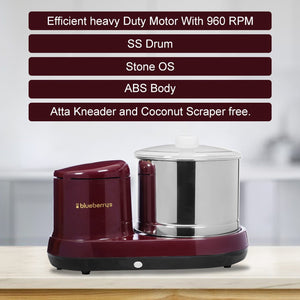 Blueberry's Ultra Premium 2 Liter Table Top Wet Grinder 150 Watts Heavy Duty motor with Coconut Scraper & Atta Kneader, Cherry Red