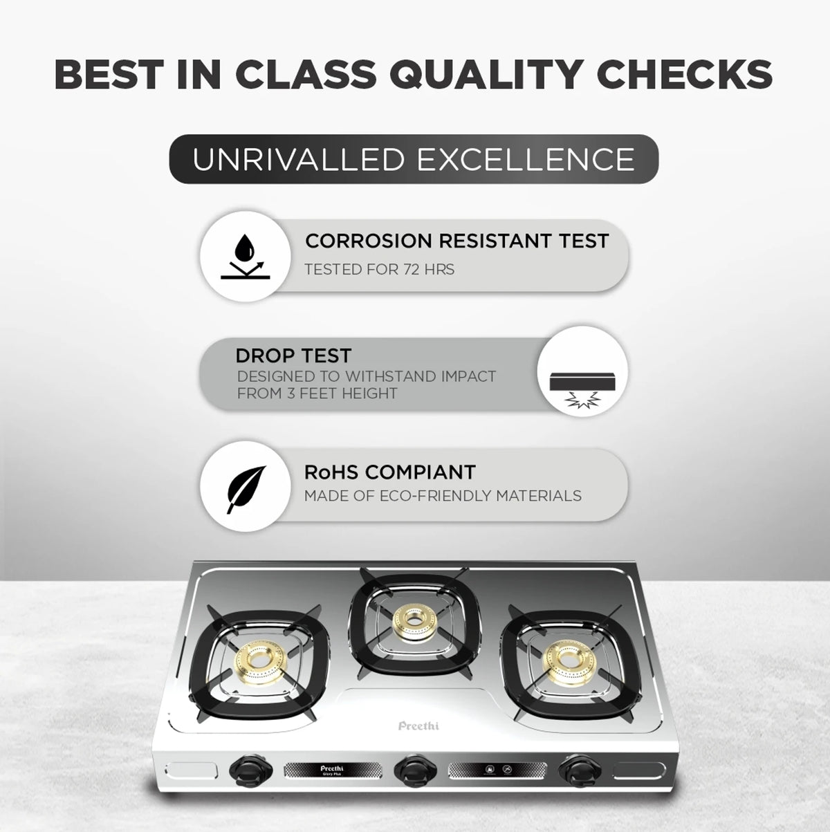 PREETHI:GAS STOVE:GLORY PLUS 3 BURNER