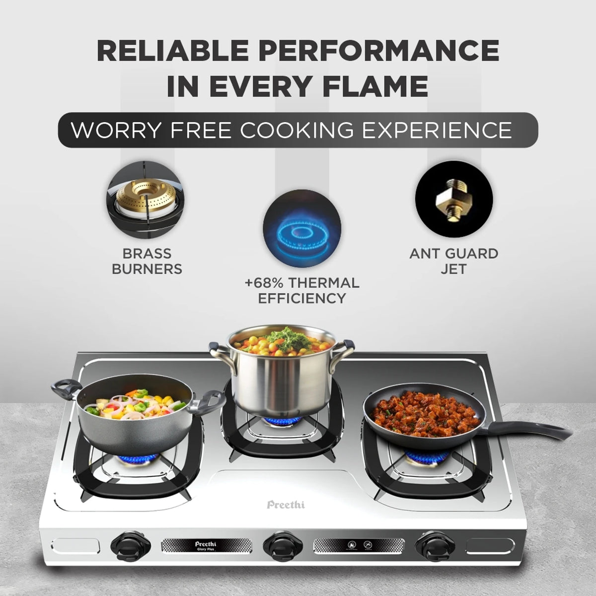 PREETHI:GAS STOVE:GLORY PLUS 3 BURNER