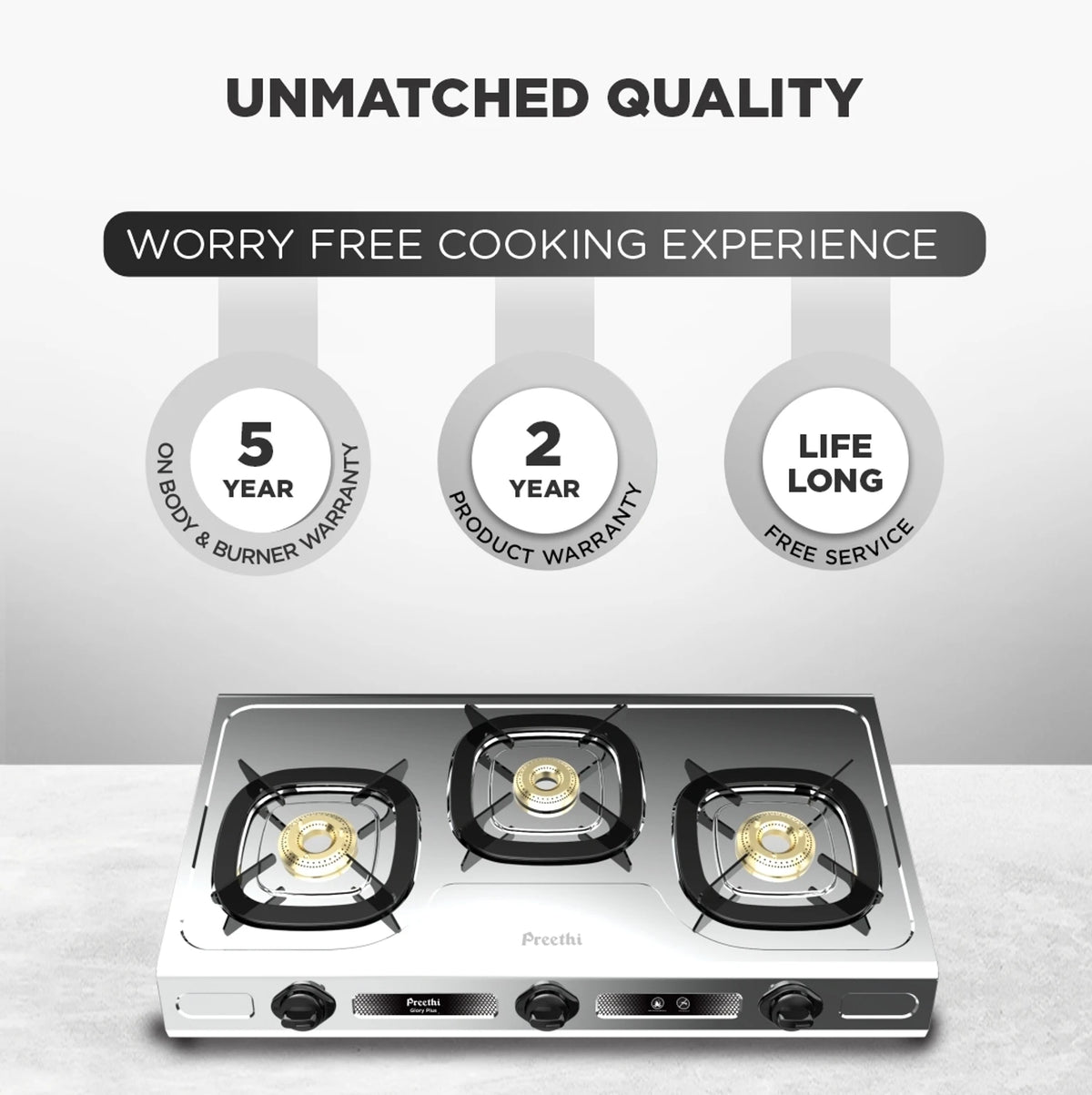 PREETHI:GAS STOVE:GLORY PLUS 3 BURNER