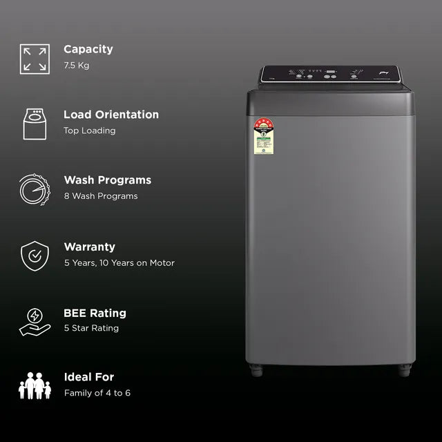 GODREJ:WASHING MACHINE:WTEON VAL 75 5.0 FDAG C MTBK 7.5 KG METALIC BLACK