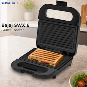 Bajaj SWX 6 800-Watt 2-Slice Sandwich Griller | Non-Stick Coated Plates for Easy-to-Clean | Upright Compact Storage | Buckle Clips Lock | 2 Years Warranty | Black