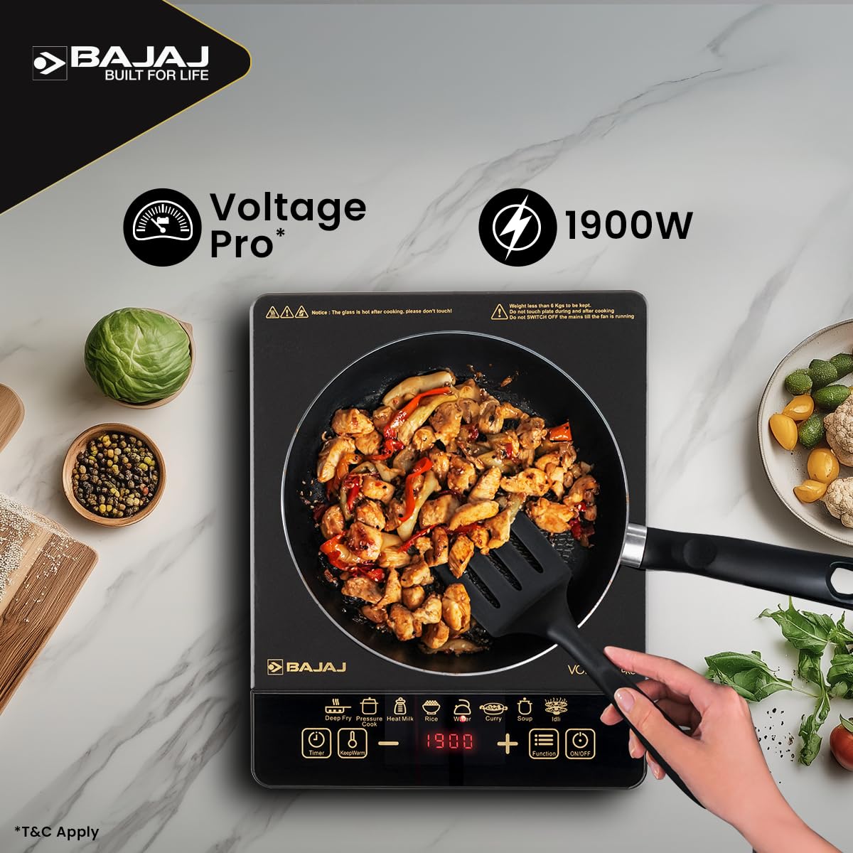 Bajaj ICX 190FS Induction Stove | 1900 Watts | Voltage Pro | Feather Touch Controls | 9 Preset Menu | Digital Display | 1 Yr Warranty (Black)
