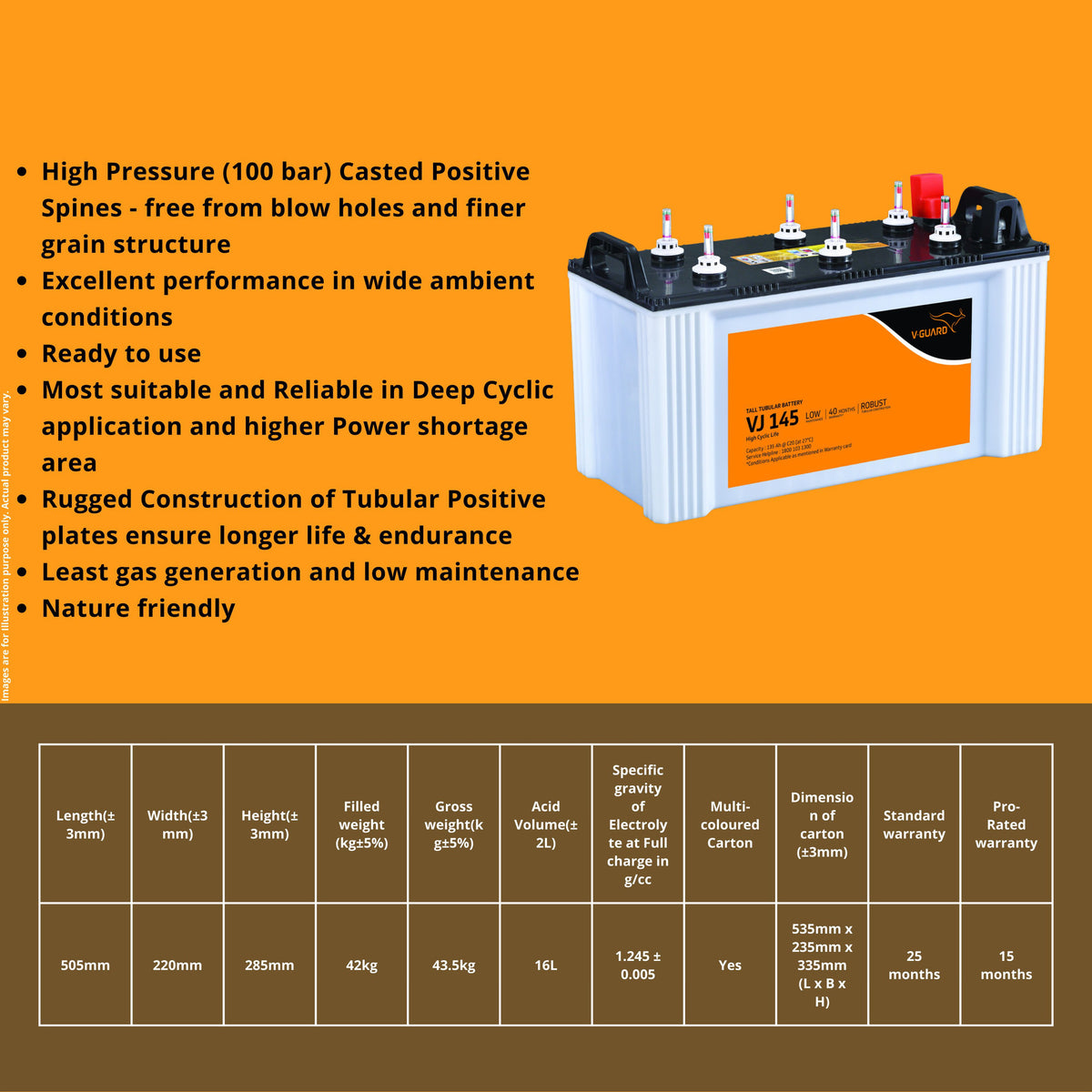V-Guard VJ145 135Ah Tubular Inverter Battery - Oxygen The Digital Expert