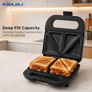 Bajaj SWX 5 800-Watt 2-Slice Sandwich Toaster | Non-Stick Coated Plates for Easy-to-Clean | Upright Compact Storage | Buckle Clips Lock | 2 Years Warranty | Black