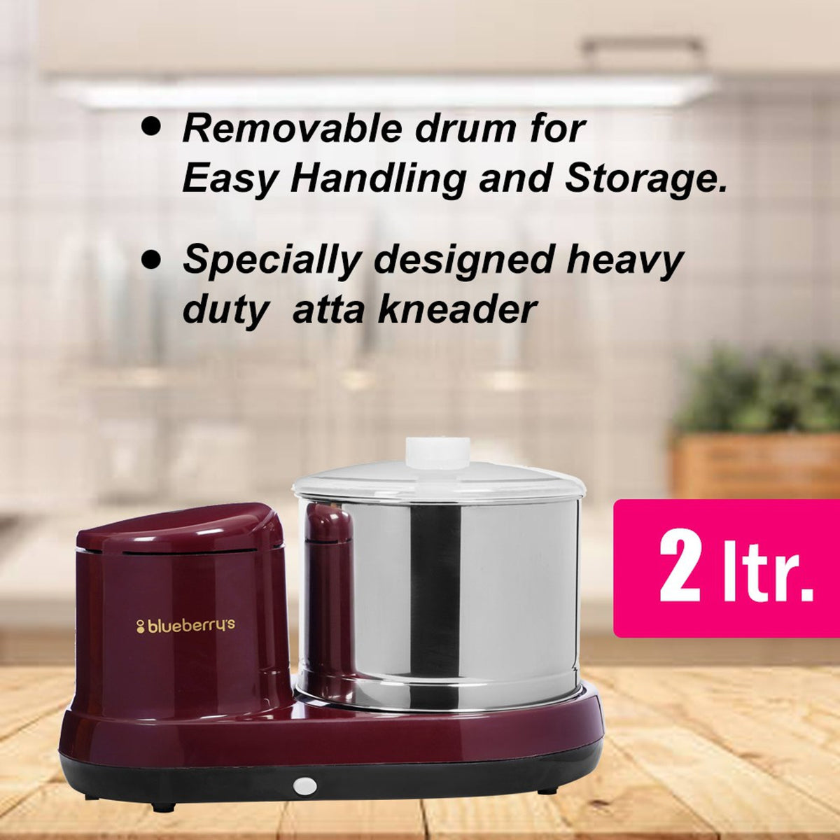Blueberry's Ultra Premium 2 Liter Table Top Wet Grinder 150 Watts Heavy Duty motor with Coconut Scraper & Atta Kneader, Cherry Red