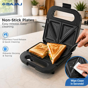 Bajaj SWX 5 800-Watt 2-Slice Sandwich Toaster | Non-Stick Coated Plates for Easy-to-Clean | Upright Compact Storage | Buckle Clips Lock | 2 Years Warranty | Black