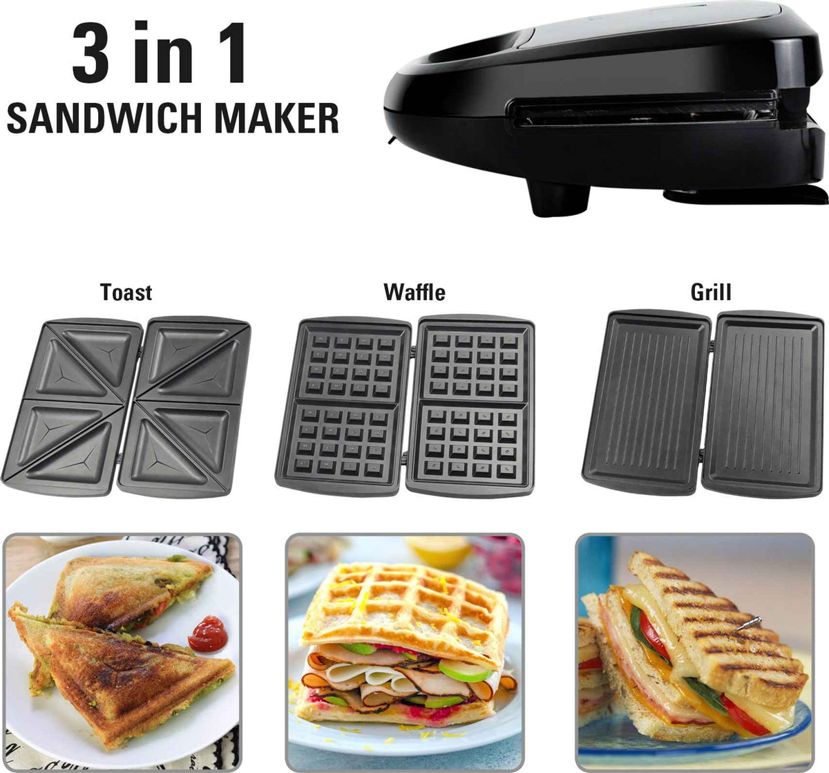 iBELL SM1301 Sandwich Maker 3 in 1, Detachable Plates for Toast, Waffle, Grill, 750W Toast, Grill, Waffle (Black)