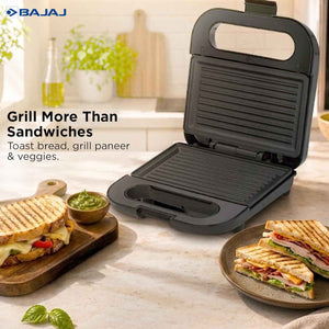 Bajaj SWX 6 800-Watt 2-Slice Sandwich Griller | Non-Stick Coated Plates for Easy-to-Clean | Upright Compact Storage | Buckle Clips Lock | 2 Years Warranty | Black