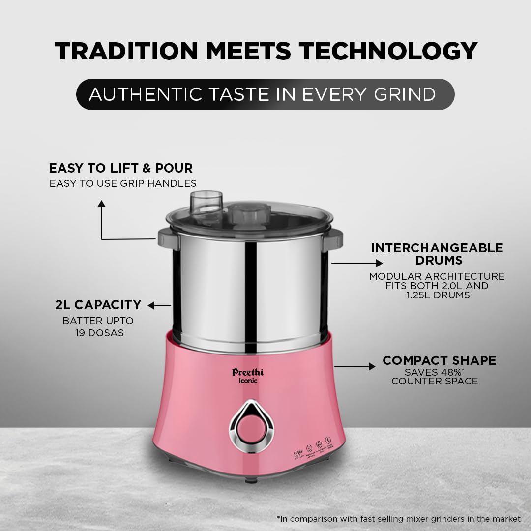 Preethi Iconic Table Top Wet Grinder, 2 L (Pink) with Bi-Directional Grinding Technology