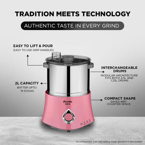 Preethi Iconic Table Top Wet Grinder, 2 L (Pink) with Bi-Directional Grinding Technology