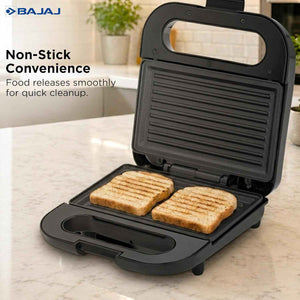 Bajaj SWX 6 800-Watt 2-Slice Sandwich Griller | Non-Stick Coated Plates for Easy-to-Clean | Upright Compact Storage | Buckle Clips Lock | 2 Years Warranty | Black