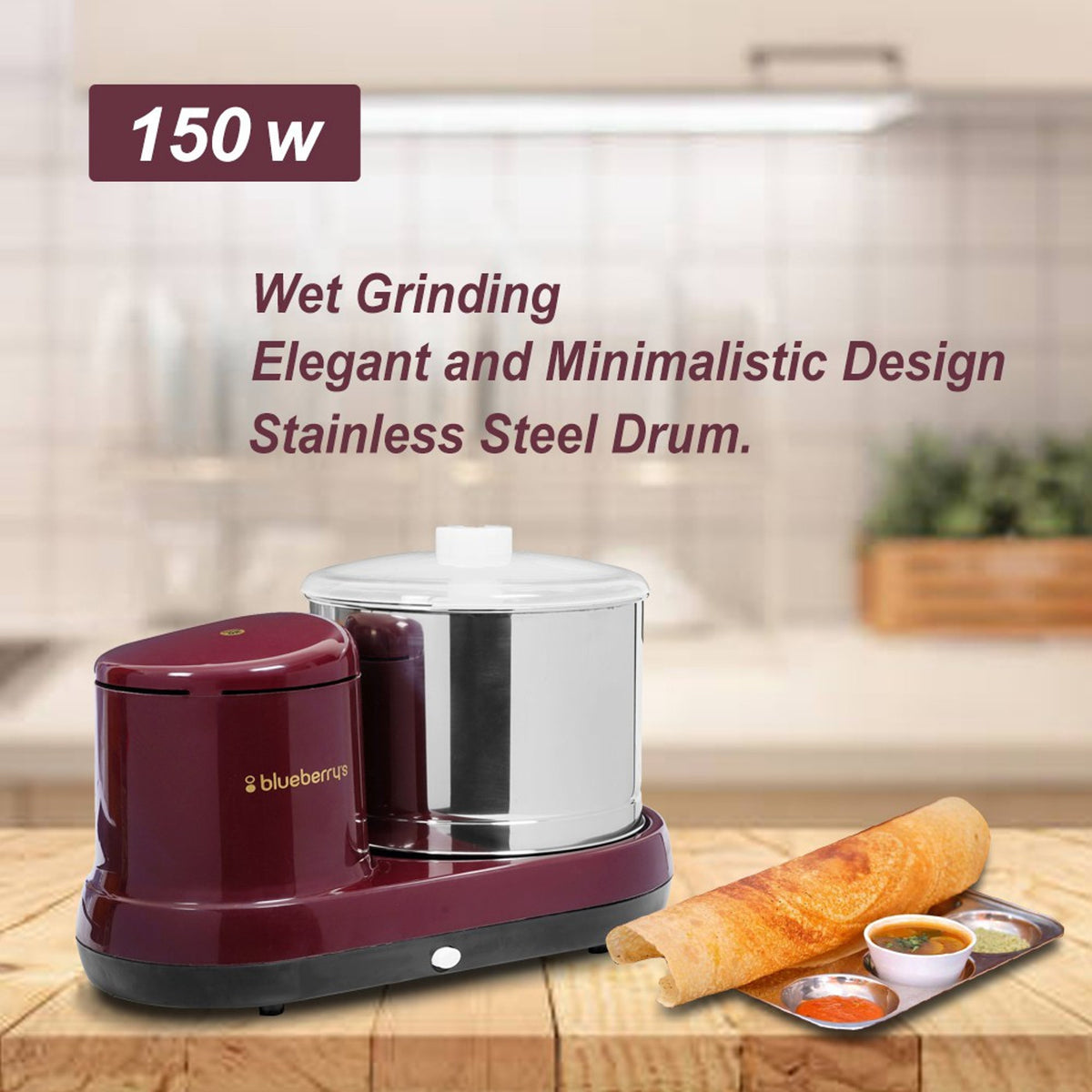 Blueberry's Ultra Premium 2 Liter Table Top Wet Grinder 150 Watts Heavy Duty motor with Coconut Scraper & Atta Kneader, Cherry Red