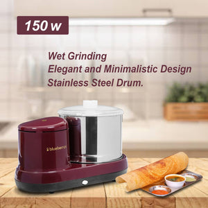 Blueberry's Ultra Premium 2 Liter Table Top Wet Grinder 150 Watts Heavy Duty motor with Coconut Scraper & Atta Kneader, Cherry Red
