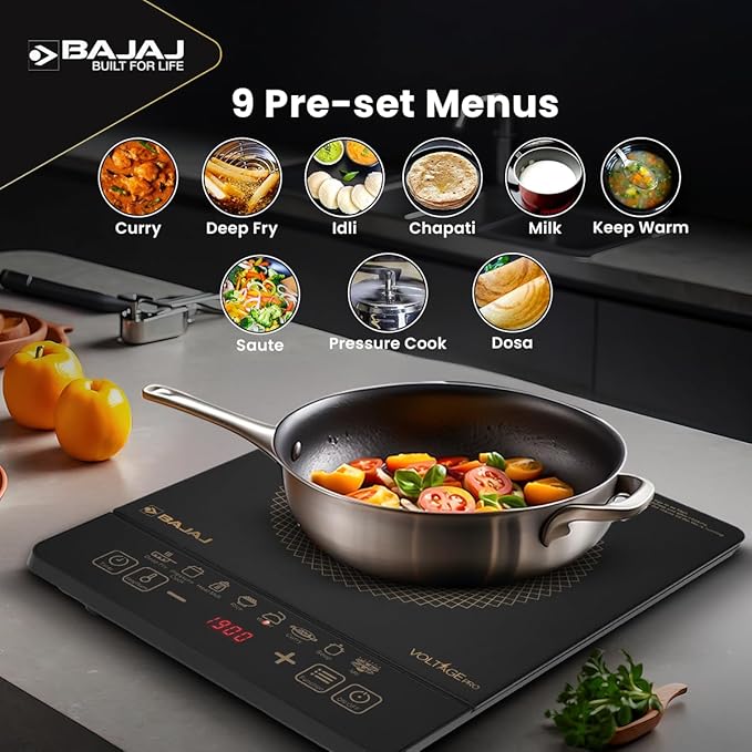 Bajaj ICX 190FS Induction Stove | 1900 Watts | Voltage Pro | Feather Touch Controls | 9 Preset Menu | Digital Display | 1 Yr Warranty (Black)